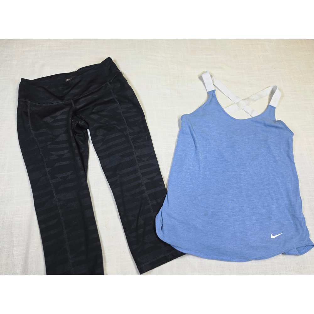 Nike Strappy Logo Tank Top & Old Navy Active Patterned Leggings Set Blue Black